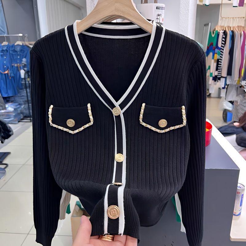 Damenbekleidung Frühling Herbst Langarm Knopf Pullover Mode Elegant Temperament V-Ausschnitt Strick Slim Kurzpullover