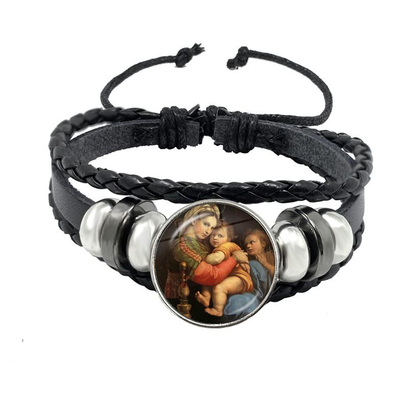 Virgin Mary Baby Jesus Christian Catholicism Jewelry Black Button Leather Bracelet Blessed Mother Religious Glass Cabochon Gift