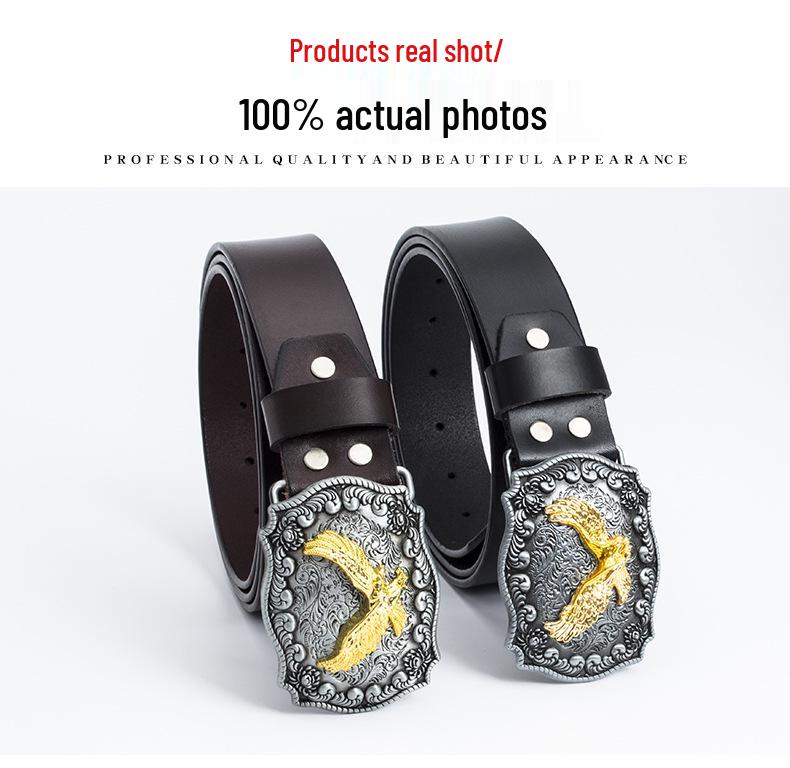 Vintage Cowhide Leather Eagle Belt - Western Cowboy Style for Youth & Stylish Guys