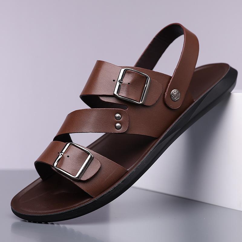 Summer New Men Gladiators Black White Brown Belt Buckle Pu Leather Casual Shoes Breathable Beach Sandals Outdoor Slippers