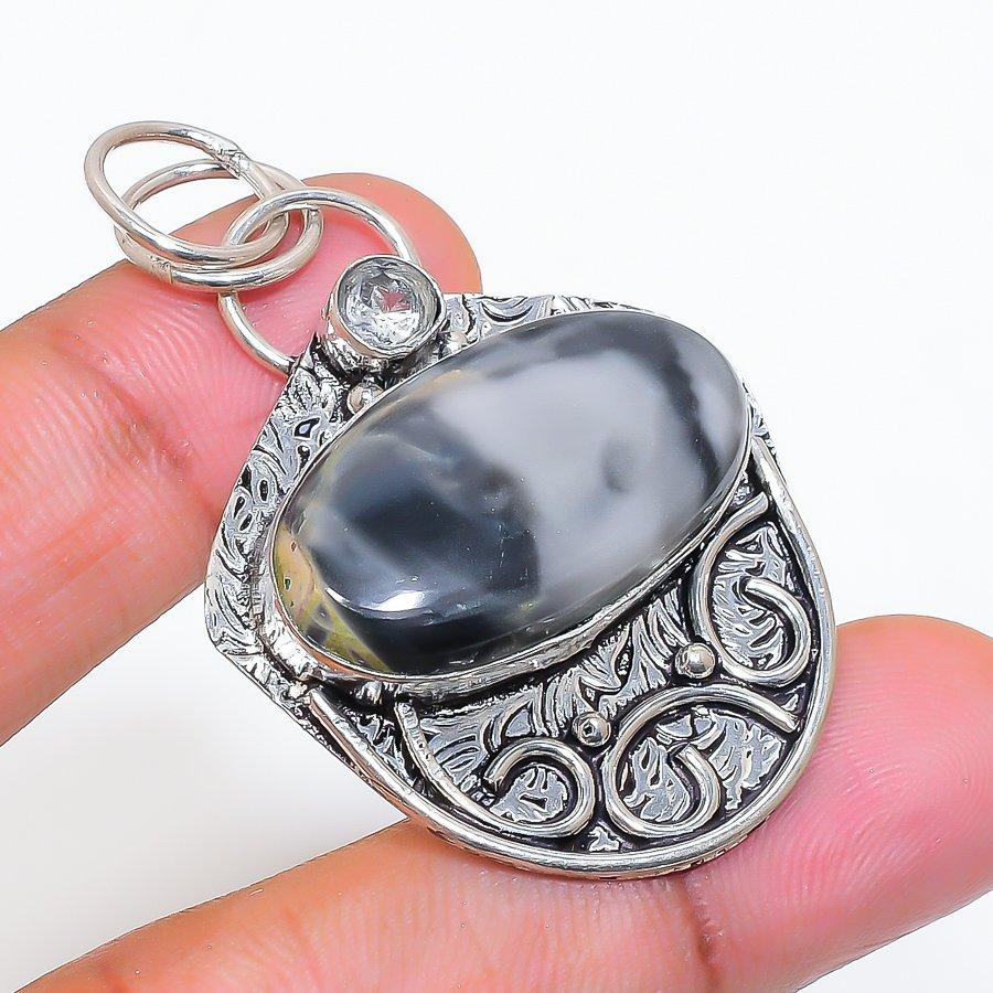 Natural Maligano Jasper, Topaz 925 Sterling Silver Jewelry Pendant 2.05" ZS-128
