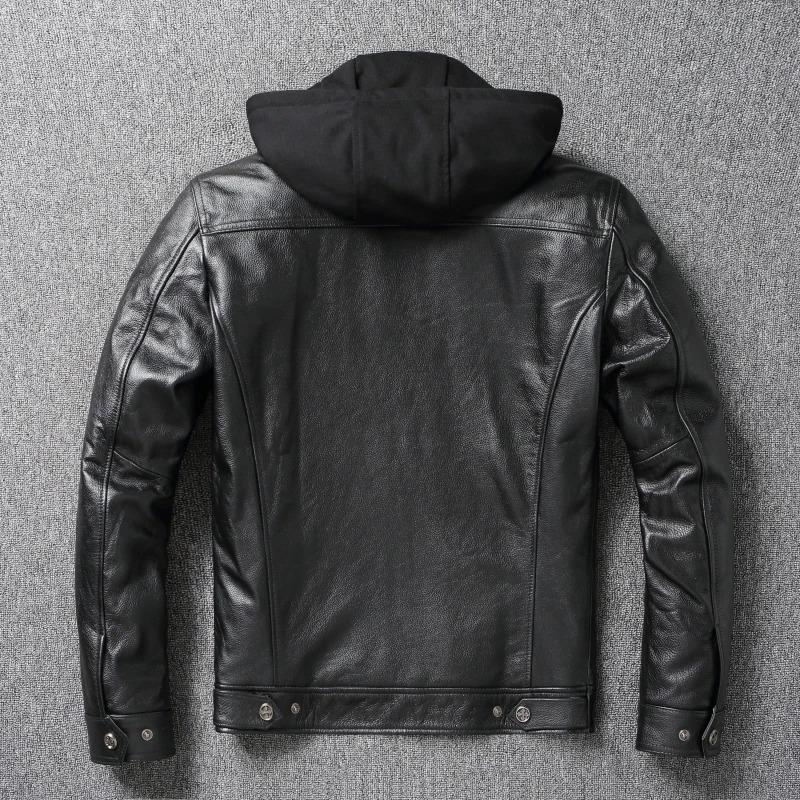 Chinese Size Removable Hooded Leather Jacket Men Genuine Cowhide Leather Coat Slim Biker Clothing Mens Coat Winter Veste Cuire Homme