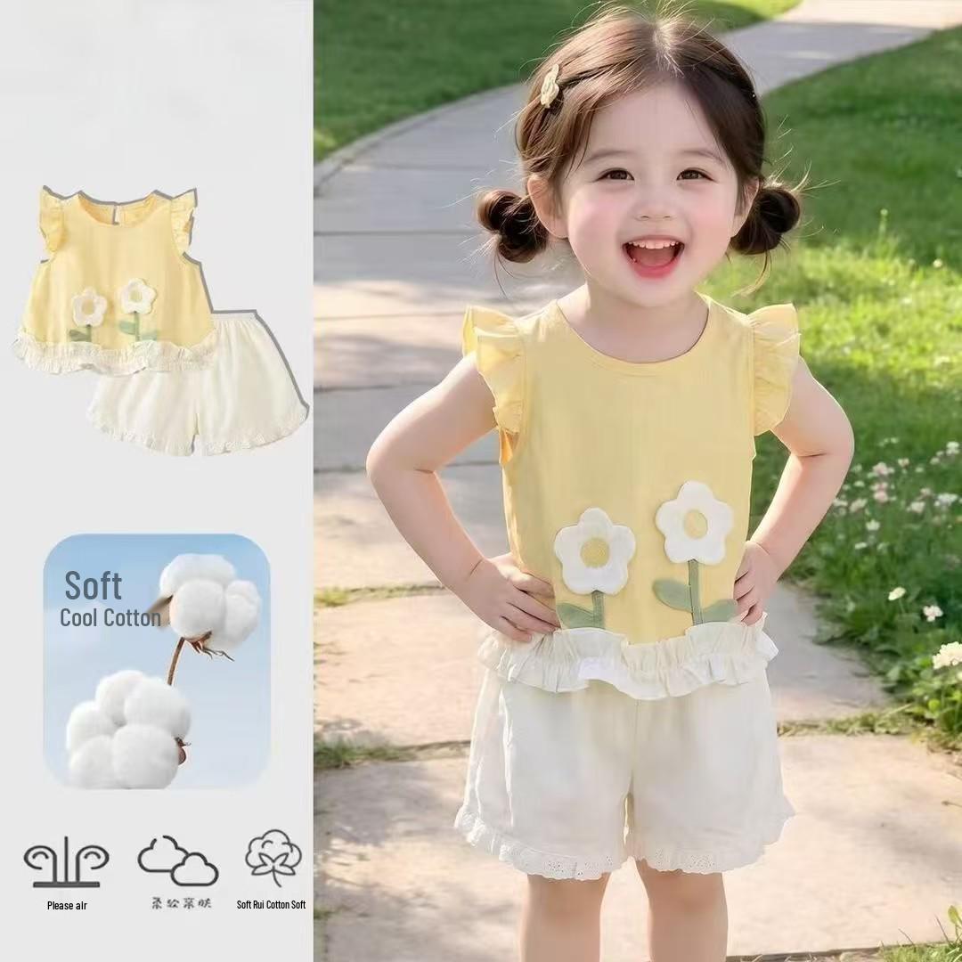 Stylish Floral Sleeveless Vest & Shorts Cotton Set for Girls 120cm