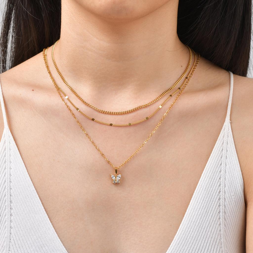 3pcs Set Simple Fashion 18K Gold Plated Stainless Steel Water Drop Heart Zircon Pendant Necklace for Women, Classic Jewelry Set