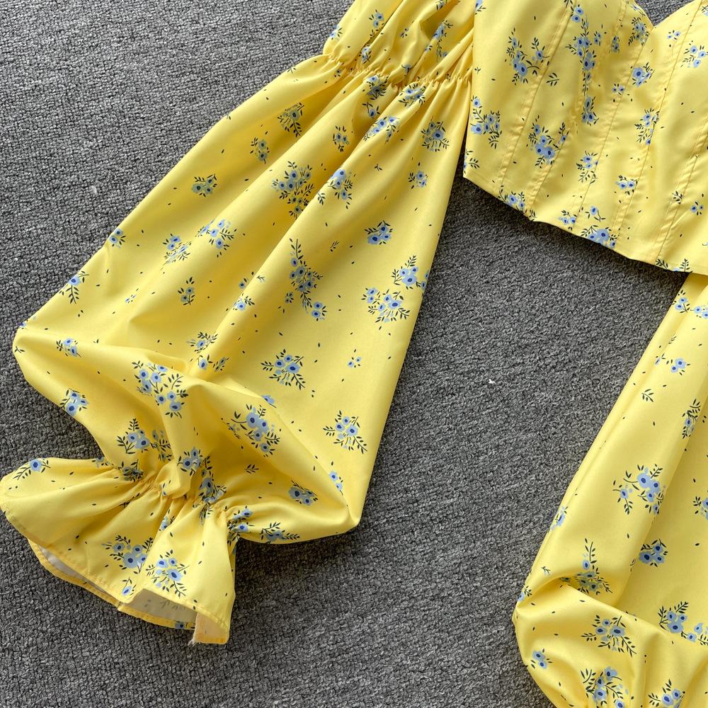 Women's Spice Girl One Shoulder Breasted Long Sleeve Shirt Backless Sweet Floral Short Temperament Top