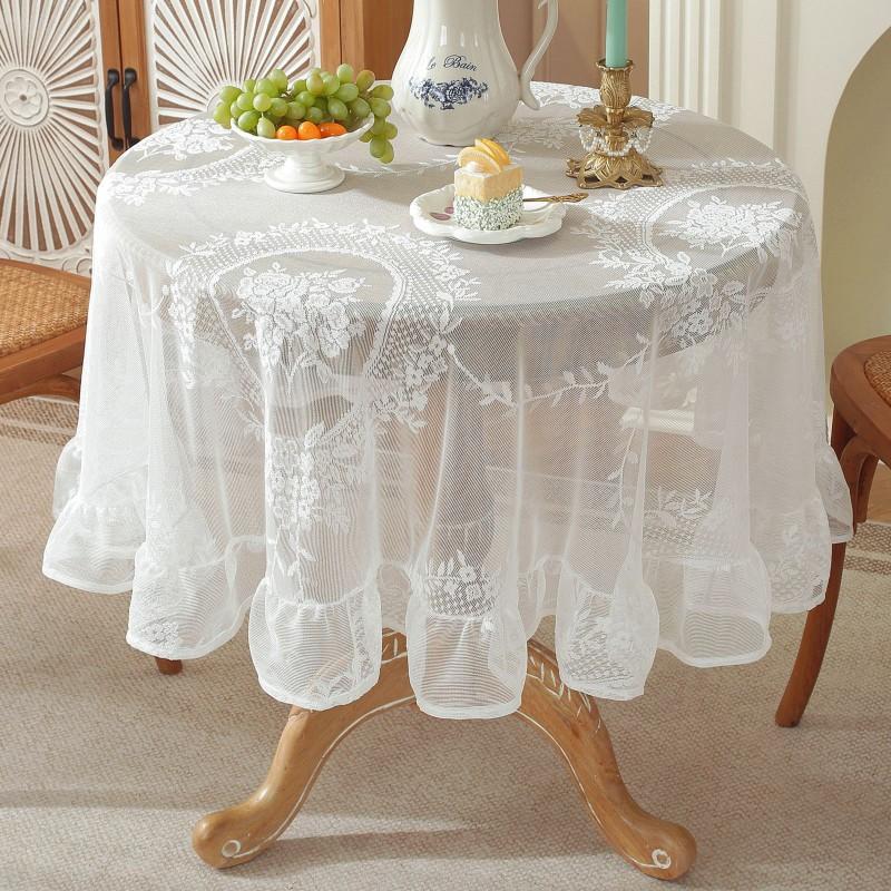 Lace Round Tablecloth With Ruffled Hem French Style Vintage Dining Table Cover Breathable Dustproof Decorative Mat