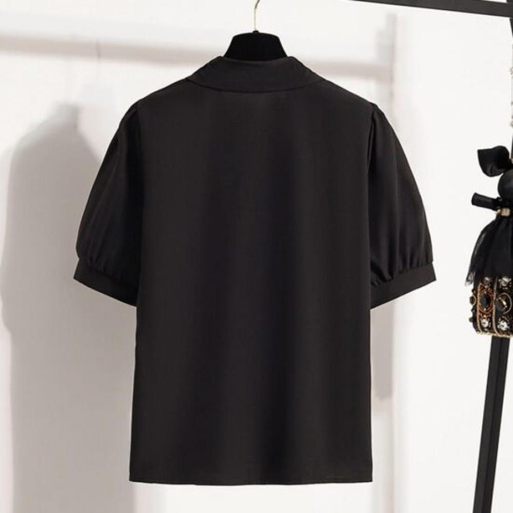 Navava Women Ribbon Neck Collar Short Sleeve Blouse Shirt Nb3184