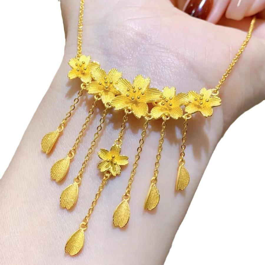 Golden Floral Tassel Clavicle Necklace - Women's Elegant Chain Set