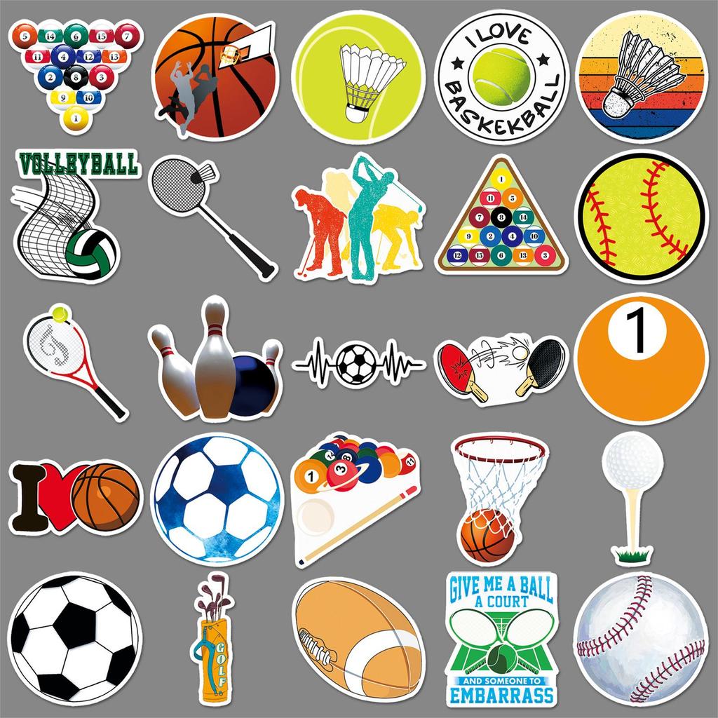 50 Mixed Sports Stickers: Volleyball, Rugby, Skateboarding - Waterproof for Suitcases