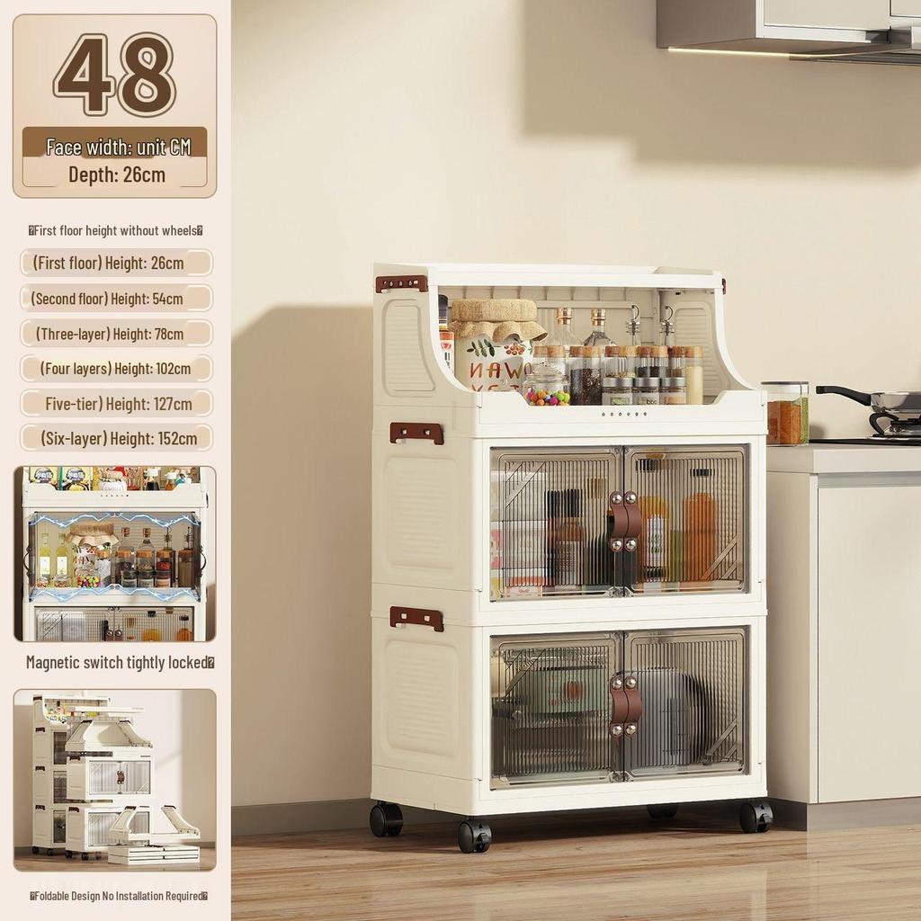Multi-Layer Folding Bookcase with Wheels - Double Door, Moisture-Proof, Large Capacity, No Assembly Required.