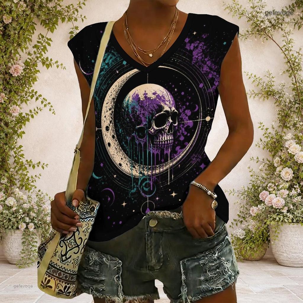 Women Plus Size V Neck Wide Short Sleeve Skull Moon Printed Black T Shirt