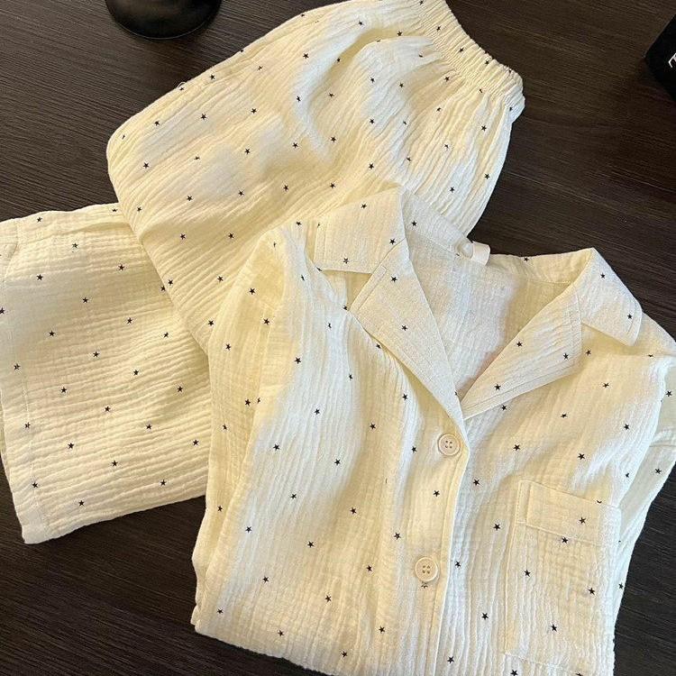 Spring and Autumn Polka Dot Cardigan Long-sleeved Trousers Pajamas Women's Lapels Can Be Worn Outside Two-piece Student Dormitory Loungewear