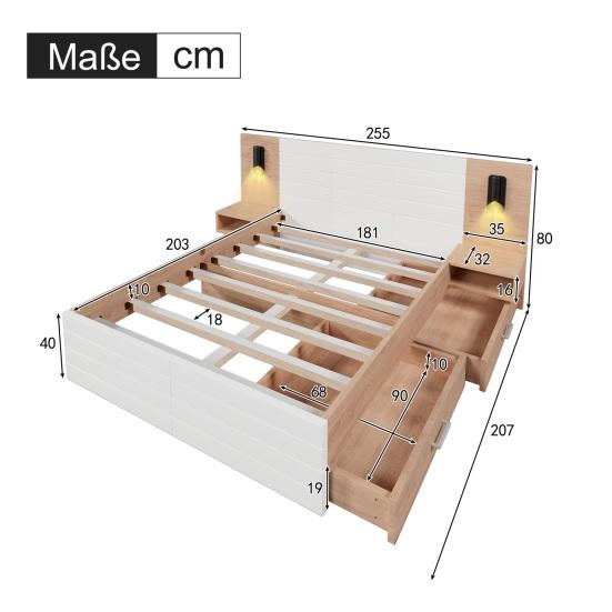 180x200cm Double Bed with 2 Drawers Bedside Cabinets Reading Light USB Charging Function Headboard Strong Wood Slat Support Bed Bedroom
