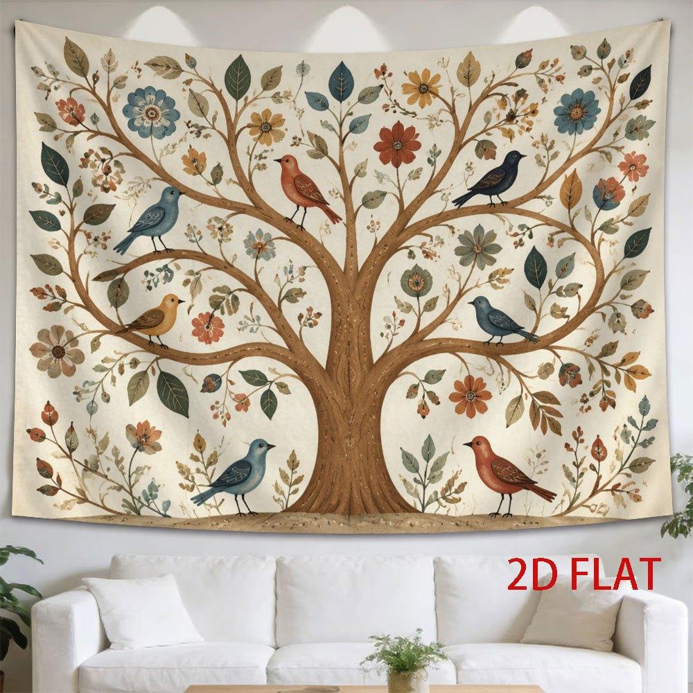 1pc Tapestry Tree of Birds And Flowers Wall Hanging Art, Whimsical Illustration with Colorful Birds And Blooms, Perfect for Home Decor Or Gift