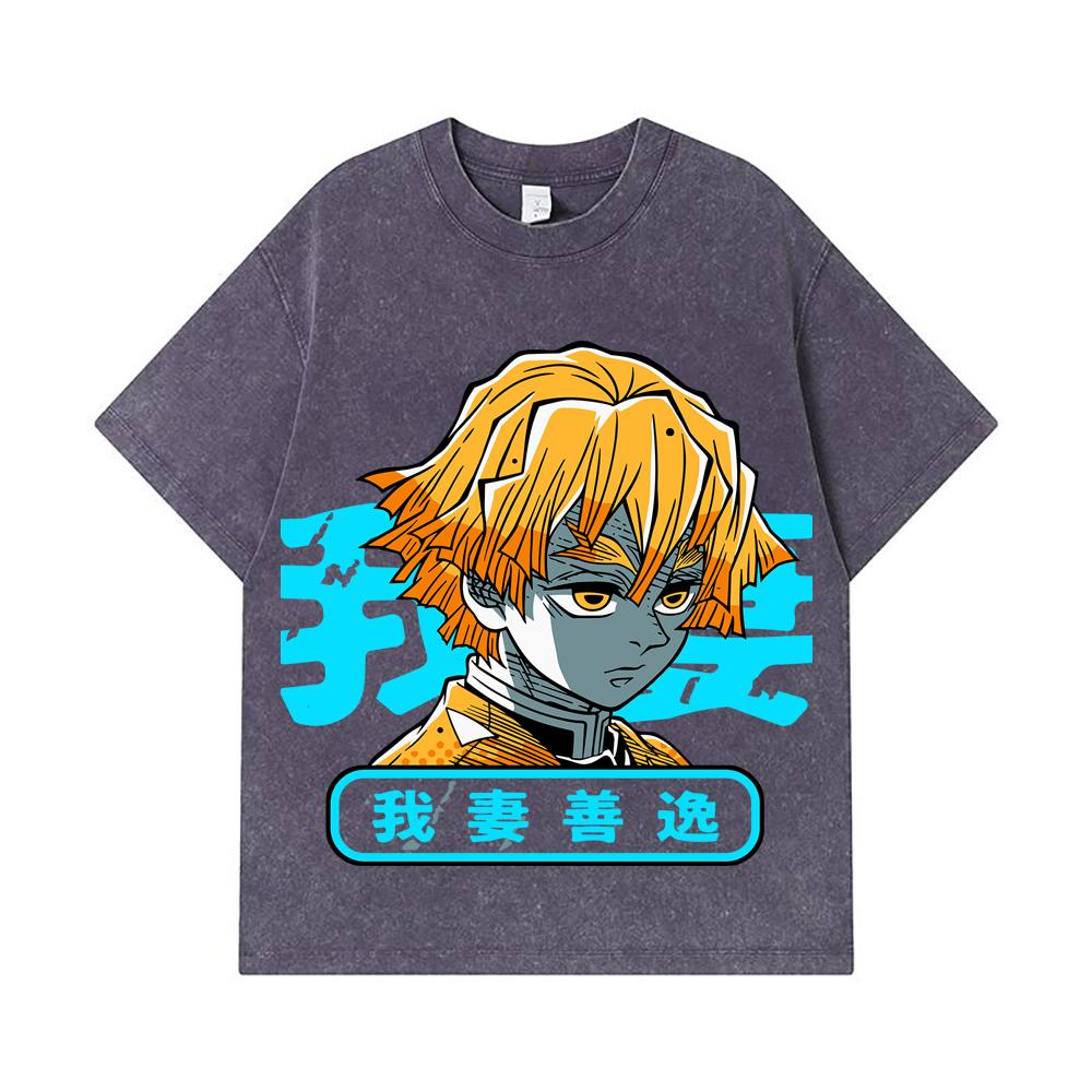275 GSM Washed T-shirts 100% Cotton Demon Slayer V100 Zenitsu Print Unisex Heavy Cotton T Shirt