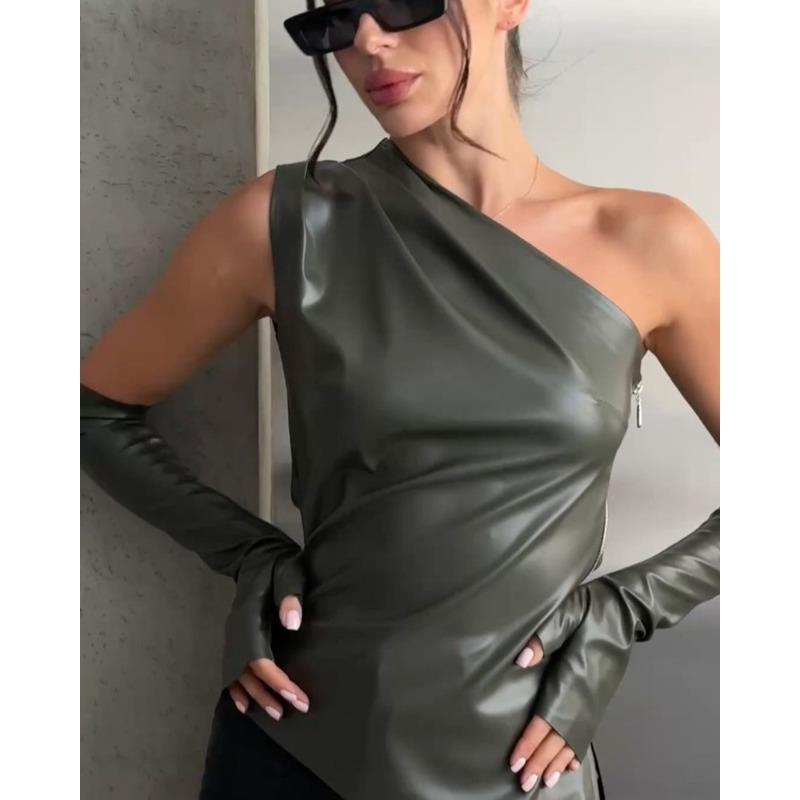 Women's Clothing Sexy Slanted Collar Off-Shoulder Irregular PU Leather Vest Women's Top Sleeve Cover