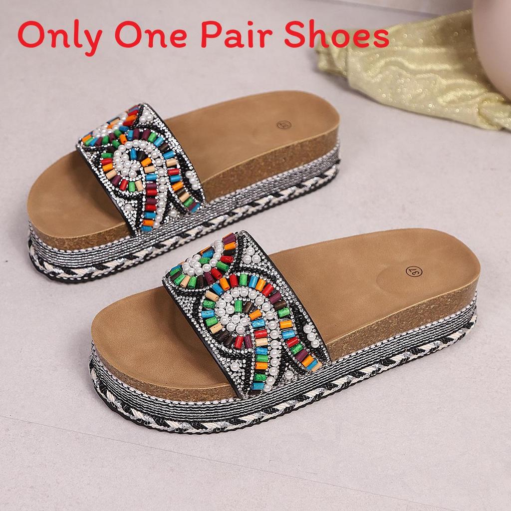 Summer Women Ethnic Style Flat Wooden Slippers With Rubber Sole For Beach Wear