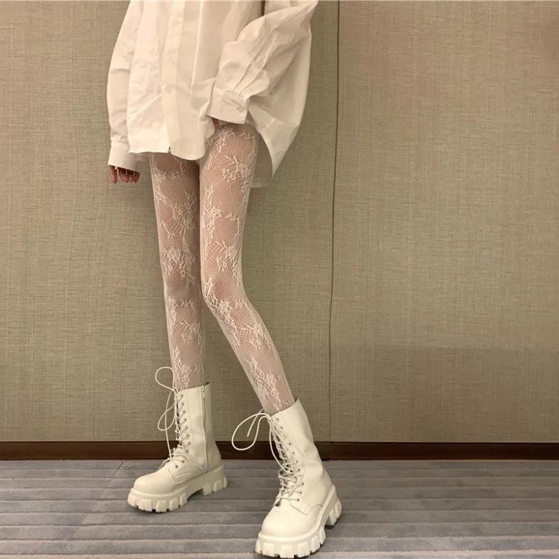 Hollowed Out Women Sexy Lace Mesh Stockings Bottomed Pantyhose Retro Floral Rattan White Stocking Tights
