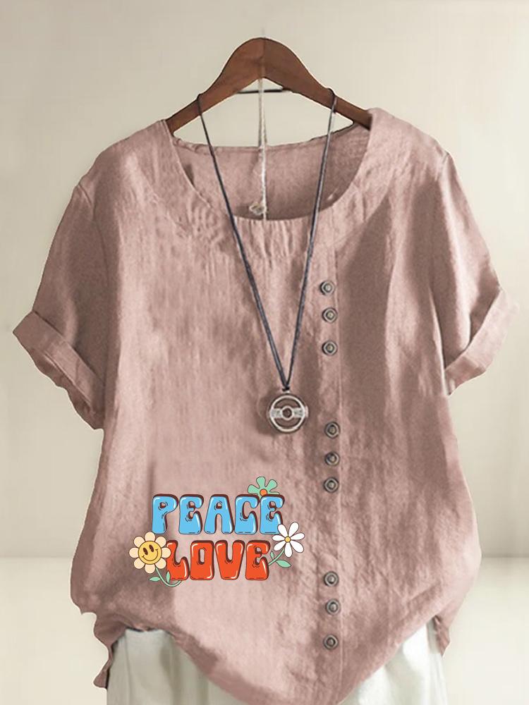 Women s Fashion Letter Flower Print Casual Cotton Linen Short Sleeve Round Neck T-shirt Shirt Leisure Loose Summer Blouse Tops S