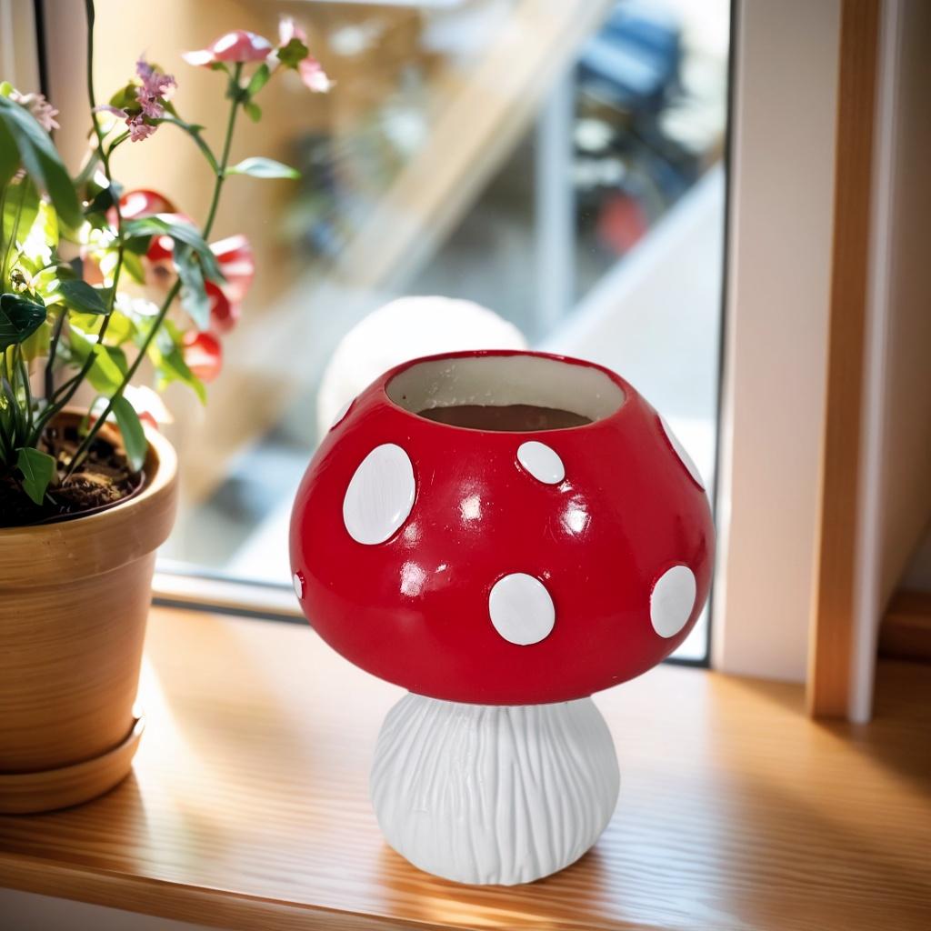 1 Cute Red and White Polka Dot Mushroom-Shaped Ornament, Dual-Purpose as a Pen Holder and Vase, Desktop Storage Decoration, Cute Home Decor Item