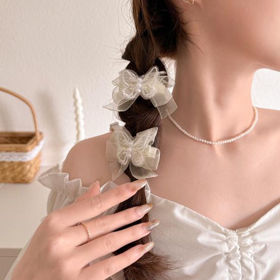 Hairpin Soft Mesh Butterflies Embroidery Bowknot Decor Girl Hair Pin with Imitation Pearls Gentle Hairstyles Side Clips