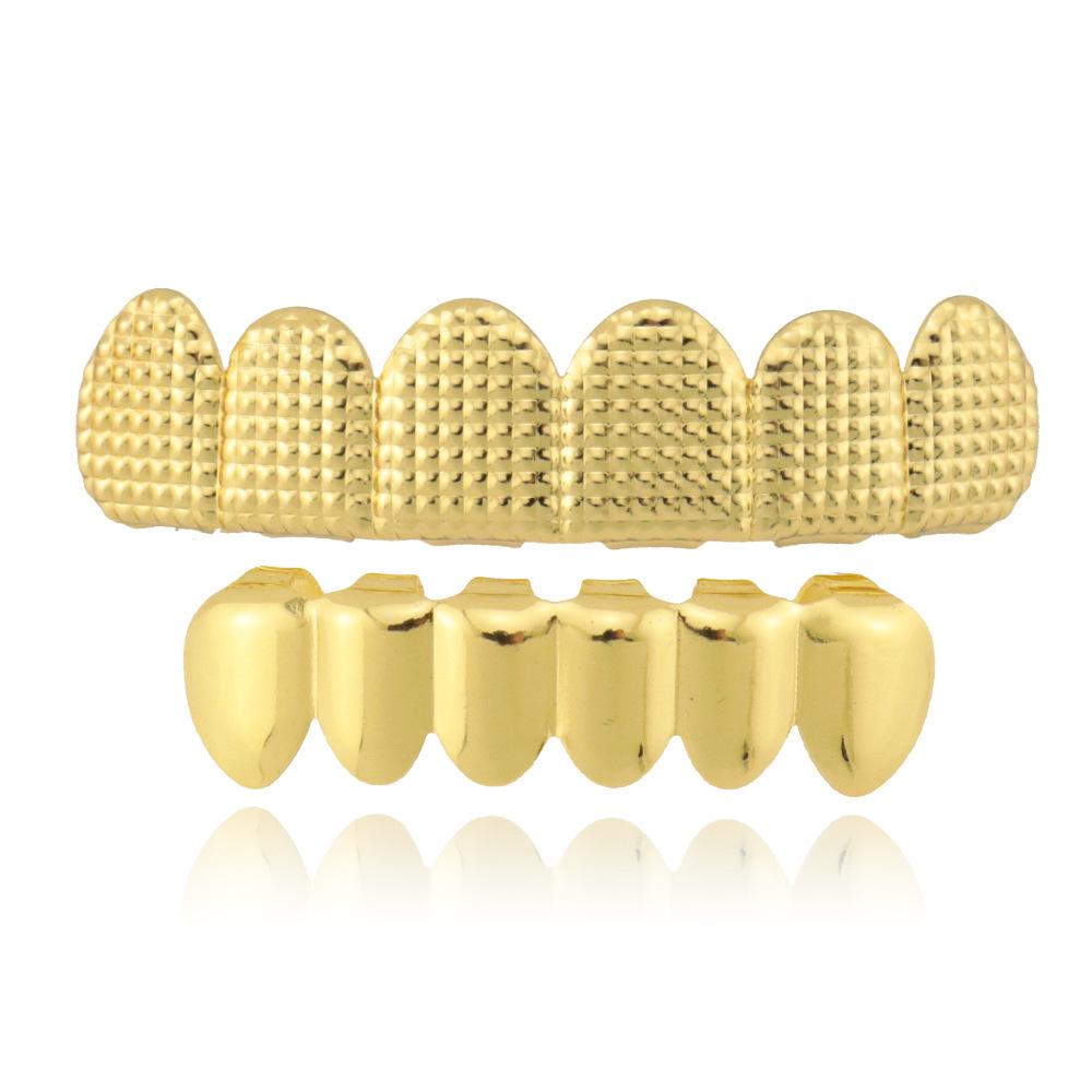 HIOHOP Lattice Pattern 18K Gold Plated Hip Hop Grillz - Top & Bottom Six Teeth Fashion Accessory.