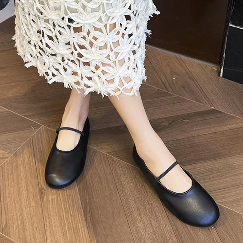 One-word leather soft-soled Mary Jane single shoes women's small heels ballet shoes small leather shoes ladyshoes