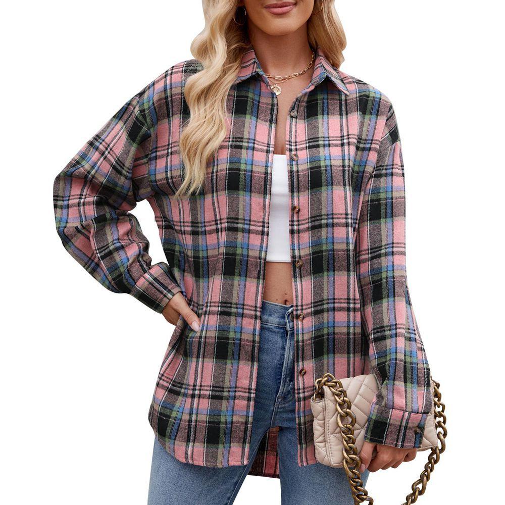 Spring and Autumn Women's Casual Fashion Street Loose Plaid Long Sleeve Shirt