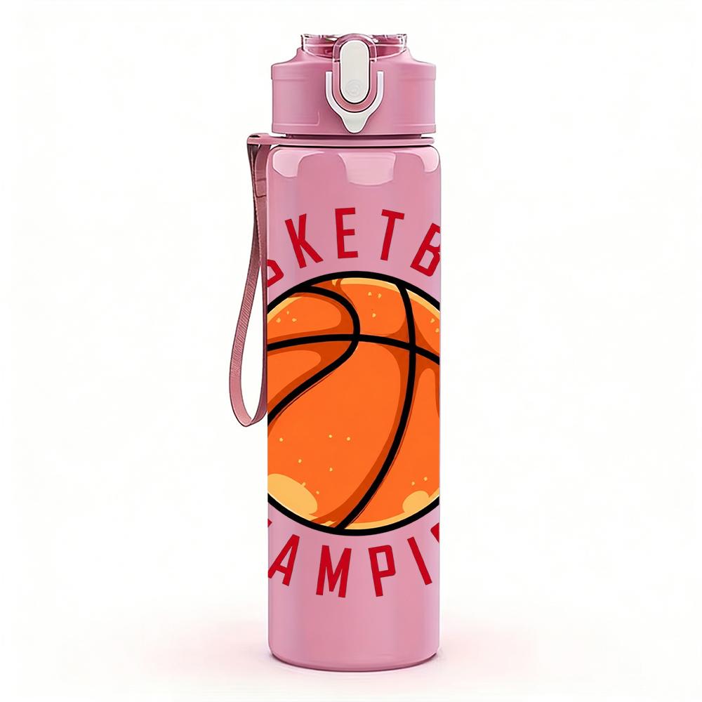 1PC Basketball Champion Circular Emblem 750ml Color Plastic Water Bottle Leakproof Flip Straw Lid For Sports Office Home Use