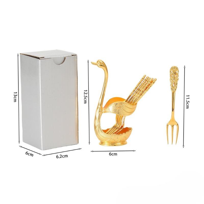Swan Fruit Fork Storage Kitchen Creative Metal Craftware Set of Silver and Gold Color Spoons