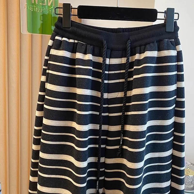 Pants for Women Elastic High Waist Long Trousers Plus Size Thickened Stretchy Striped Casual Wide-Leg Straight Pants