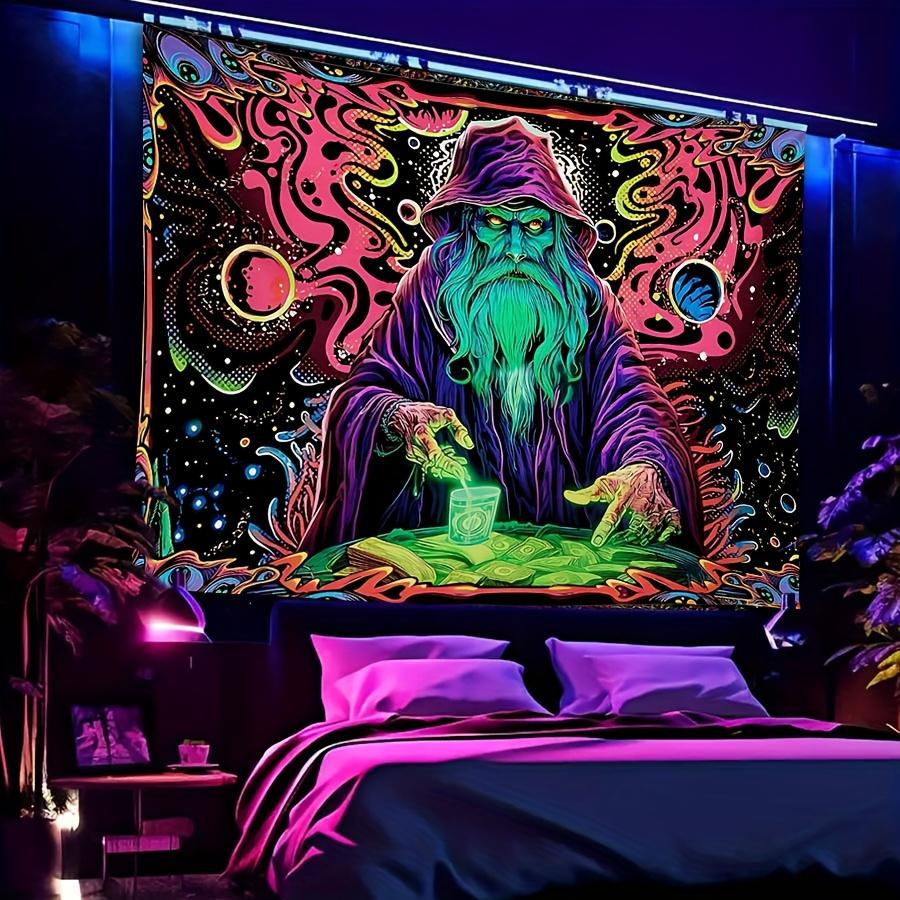 Psychedelic Wizard Tapestry Vibrant Neon Wall Art for an Enchanting Magical and Unique Decor Statement Piece