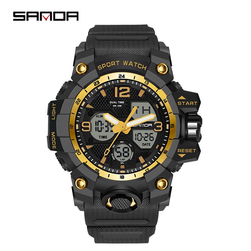 Fashion SANDA 6030 Men's Electronic Watch Outdoor Sports Multi functional Dual Display Waterproof LED Men's Electronic Watch