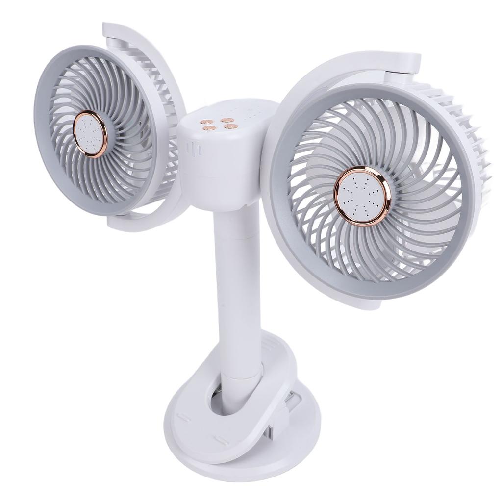 Double Head Clip On Fan Rechargeable Dual Brushless Motor 360 degrees Rotation Desk Cooling Fan with LED Light