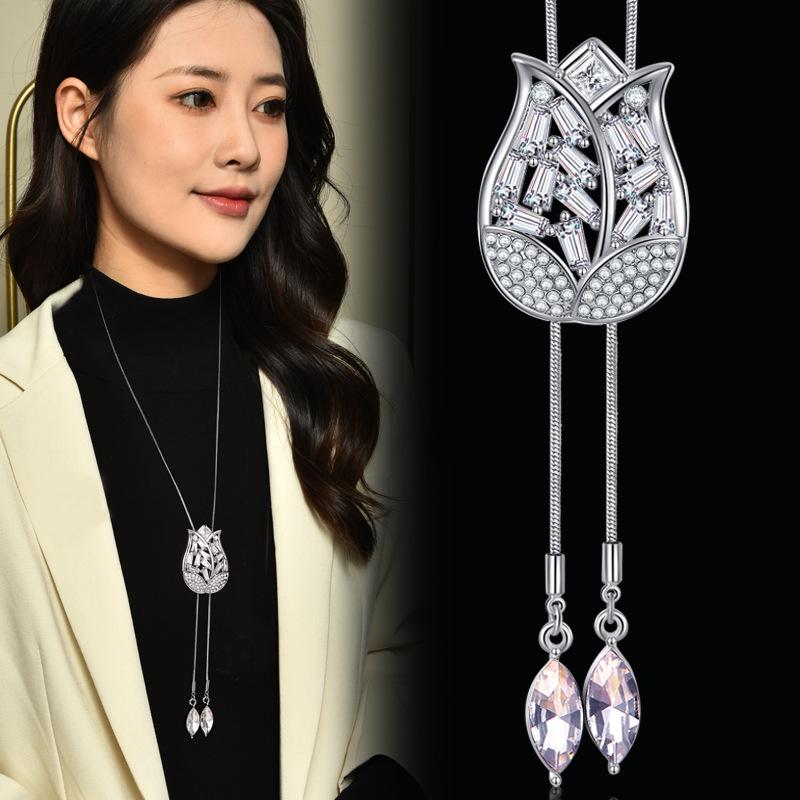 

Korean Style Long Tulip Zircon Diamond Sweater Necklace for Women - Autumn/Winter Collection