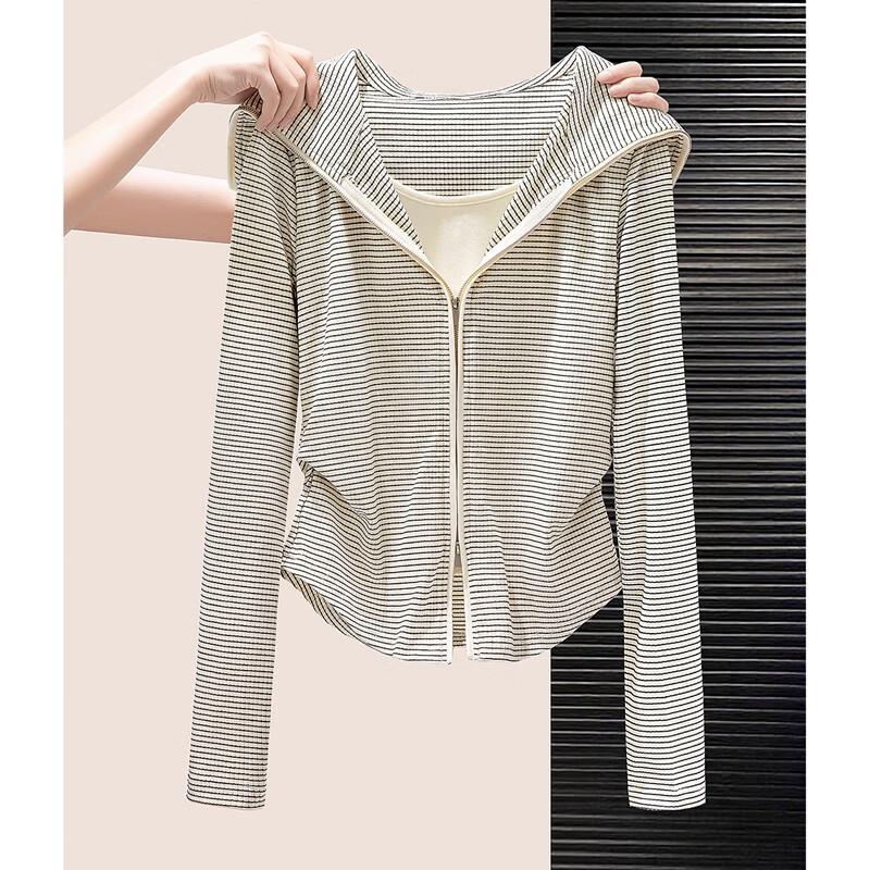 Women's Striped Faux Two-Piece Hooded Long Sleeve Top
