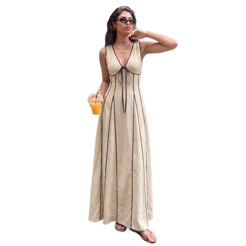 2026 Womens Vintage V-Neck Sleeveless Tie Waist Slim Fit Bodycon Dress Daily Dating Beach Vacation