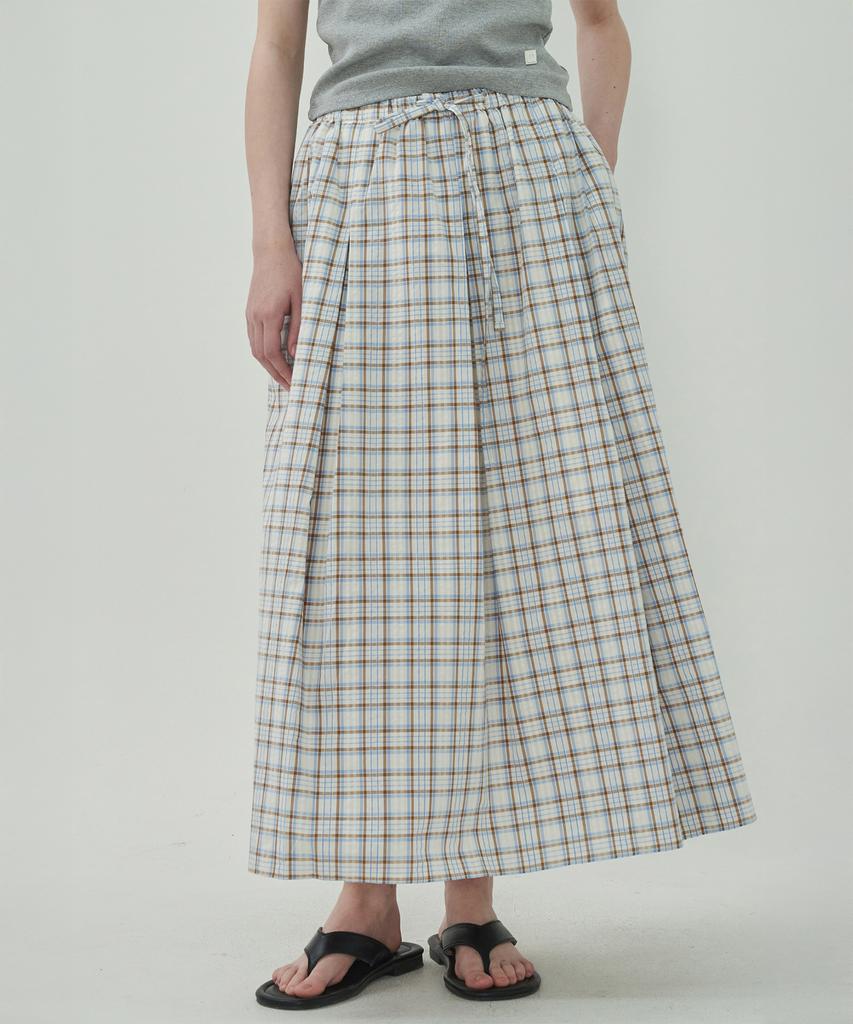 Mot Flare Cotton Long Skirt - Check Blue