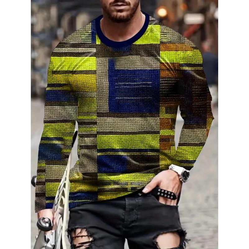 Vintage T-Shirt for Men Irregular Plaid Graphic T Shirts Round Neck Long Sleeve Tee Oversized Man Clothing Top Creative Clothing
