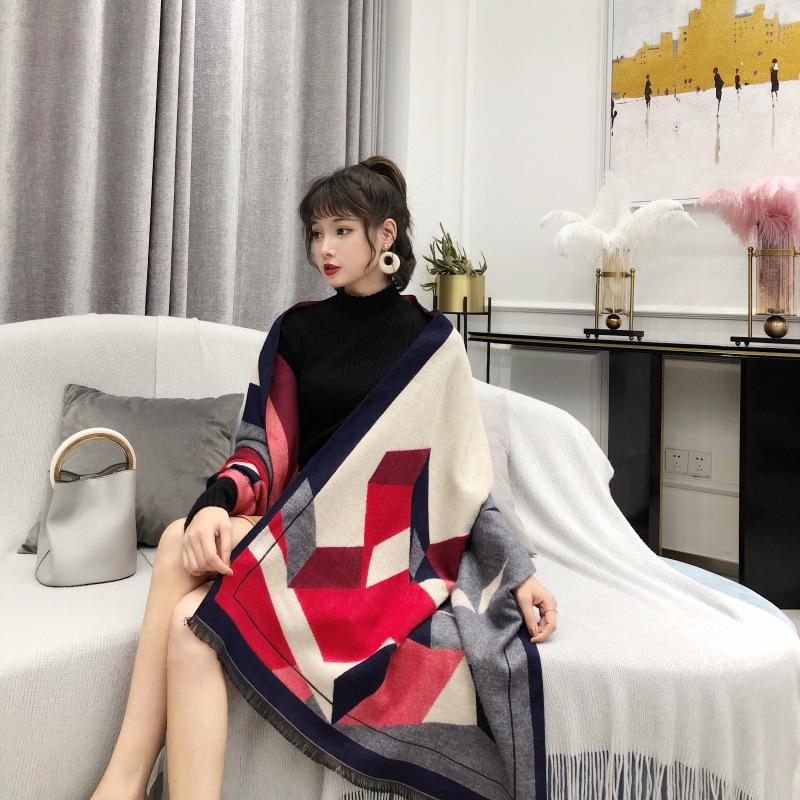 Autumn and winter European and American geometric double-sided scarf dual-purpose enlarged and thickened geometric air conditioner warm cashmere scarf 190*65cm