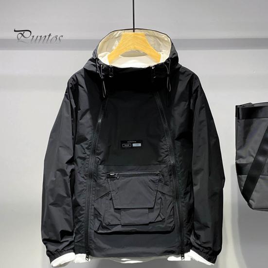 Trenci pentru bărbați, cu glugă, cu șnur, cu mânecă lungă, cu fermoar dublu, cu fermoar, de culoare solidă, cu buzunar mare, îmbrăcăminte în stil stradal