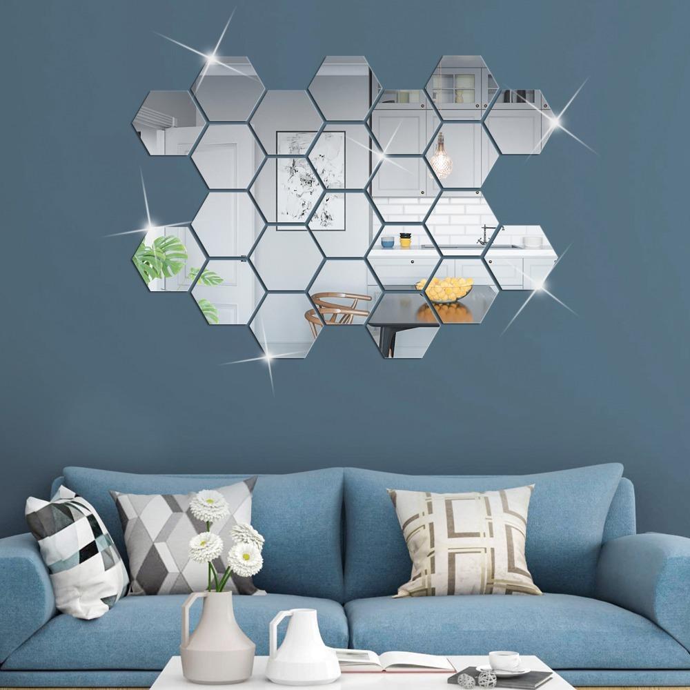 12pcs 3.15×2.76×1.57in Hexagon Mirror Wall Sticker Acrylic Self-adhesive Mirror Tile  Office