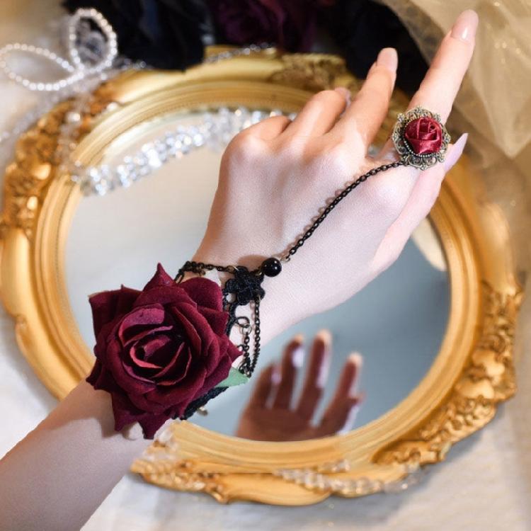 Fingerless Rose Flower Gloves Gothic Chain Wrist Guard Cuff Sleeves Halloween DressUp Wristband