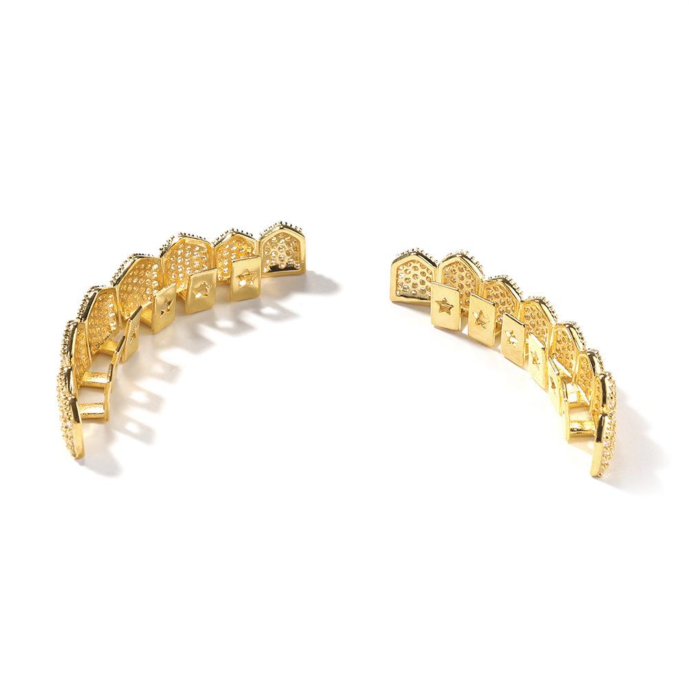 Hot Sale Hip Hop Gold Plated Grills Teeth Grillz Brass Retro Vintage Jewelry Shiny Fashion 8 Teeth Gold Diamond Grillz for Men