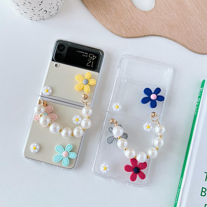Samsung Zflip6 Folding Phone Case For Zflod3 Daisy Small Fresh Flower Transparent Pearl Portable