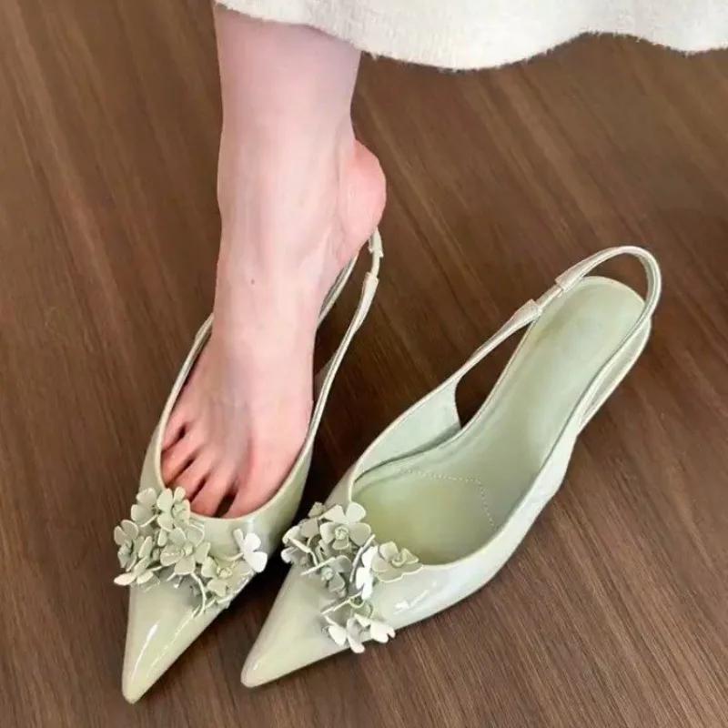 

Fashion Spring 2024 Green Flower Pointed Flower Shallow Sandals Spring and Summer Aerial Shoes women shoes 35