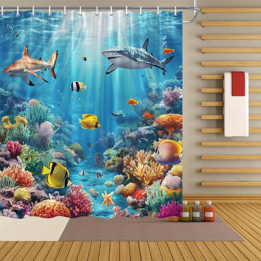 Vibrant Underwater Marine Life Shower Curtain - Sharks, Coral Reef,Colorful Corals,Striped Fish, Polyester,Majestic Shark Design
