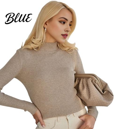 Women Knitwear Knitting Bottoming Shirt Half High Collar Long Sleeve Solid Color Slim Fit Tops Ribbed Warm Fall Winter Knit