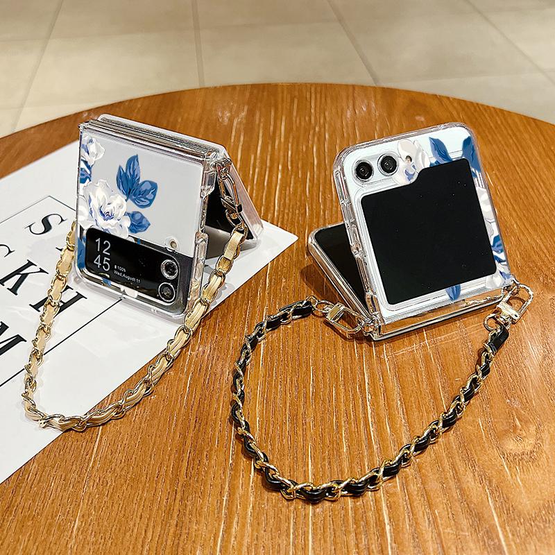 Metal Rope Lanyard Case For Samsung Galaxy Z Flip7 Flip6 Flip5 Flip4 Flip 7 FE 6 5 4 3 5G White Flower Pattern TPU Back Cover