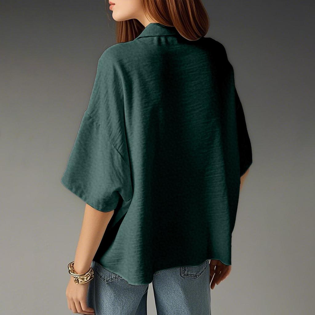 Fashion Women's Summer Short-sleeved Lapel Casual Loose Solid Color Tops